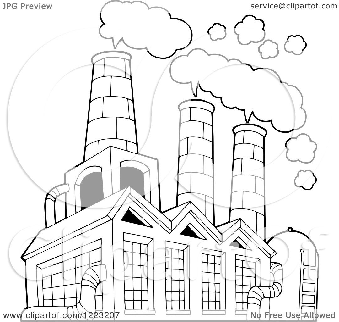 1080x1024 Clipart Of An Outlined Factory Building Polluting The Air