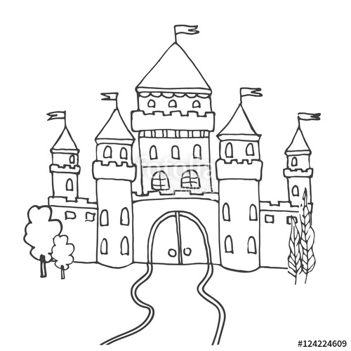 500x500 Hand Drawn Cartoon Fairy Tale Castle Icon. Vector Illustration