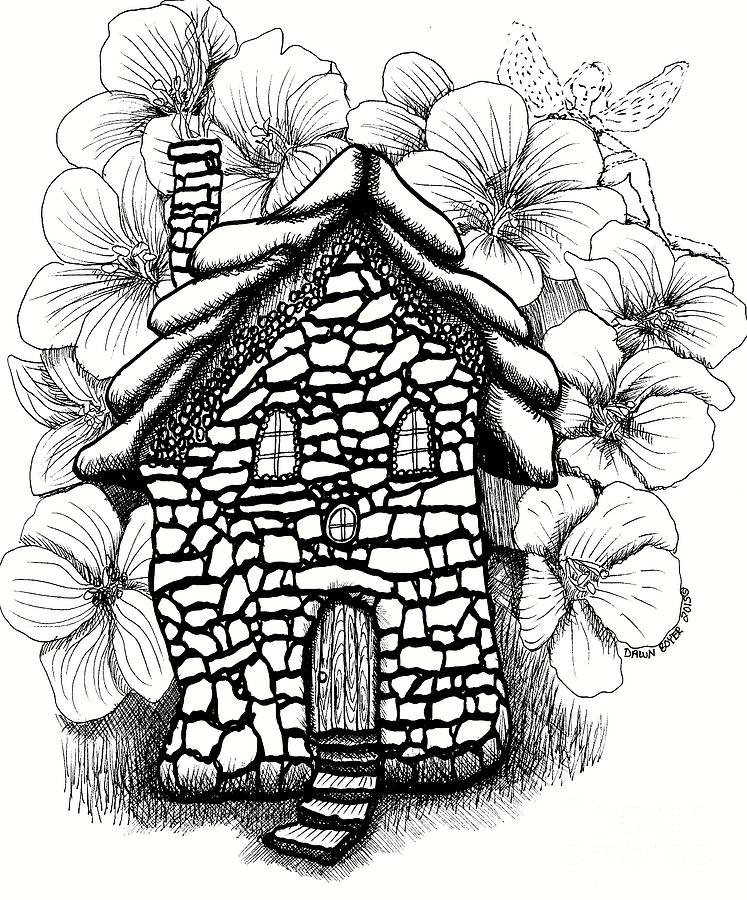 747x900 Stone Fairy House And Hibiscus Drawing By Dawn Boyer