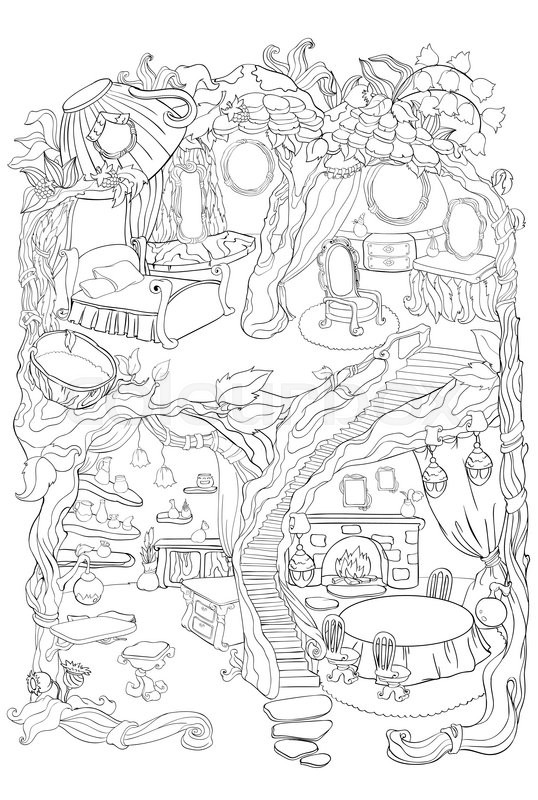 538x800 Vector Colouring Illustration Of Fairy House With A Bedroom