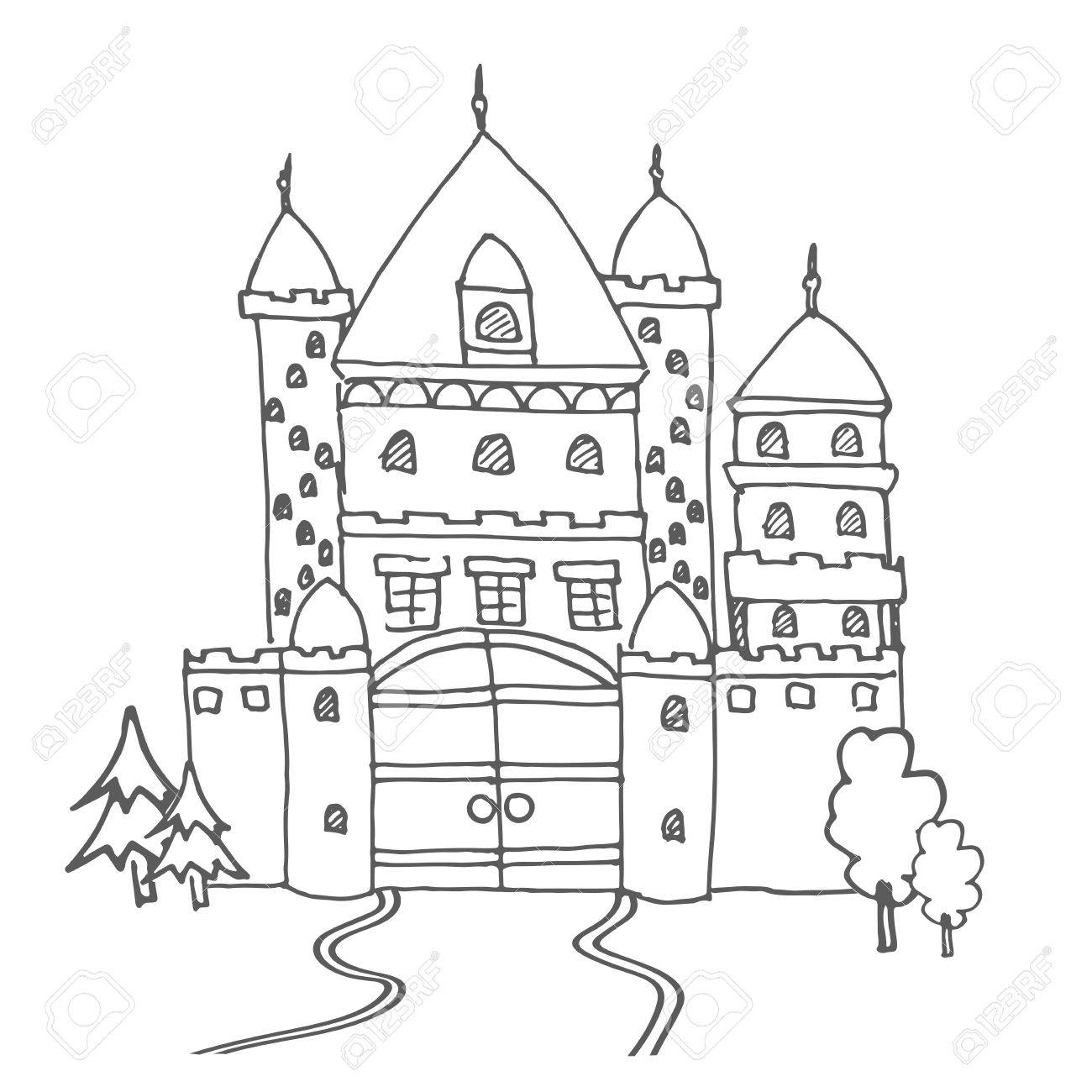 1300x1300 Hand Drawn Cartoon Fairy Tale Castle Icon. Vector Illustration