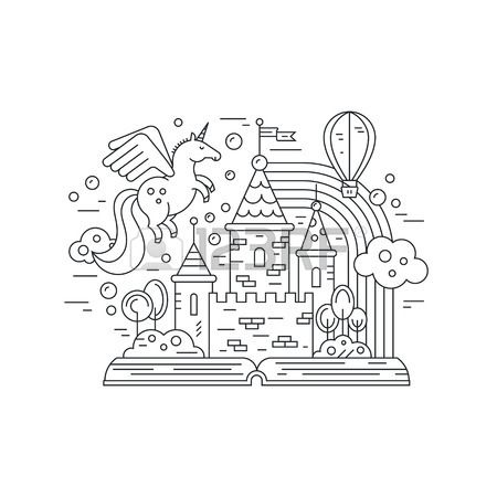 450x450 Thin Line Vector Illustration With Open Book And Fairytale Castle