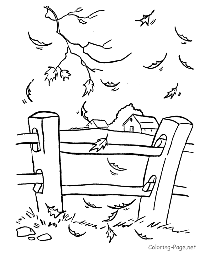 670x820 Line Drawing Of Fall Leaves, Fence And Farm In Background