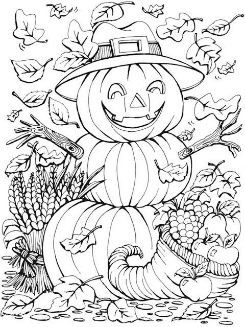480x640 Autumn Scenes Pumpkins Coloring Pages For Adult Coloring