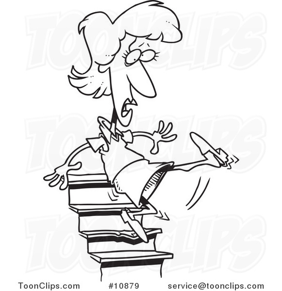 581x600 Cartoon Black And White Line Drawing Of A Lady Falling Down Stairs