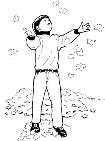 357x480 A Boy Is Playing With Falling Leaves In The Fall Coloring Page