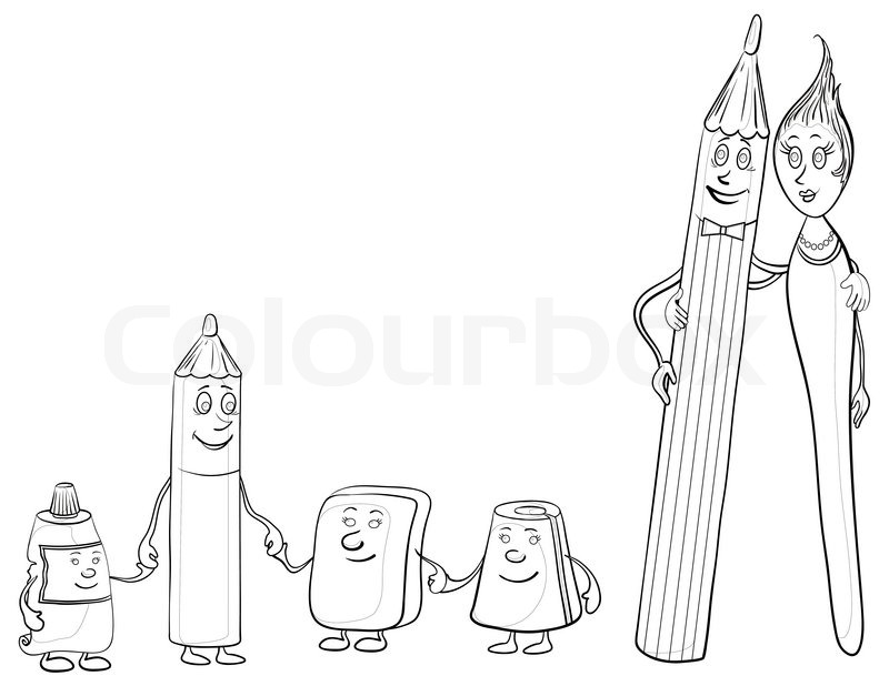 800x618 Cartoon, Contours, Stationery Family Pencils, Brush, Tube, Eraser