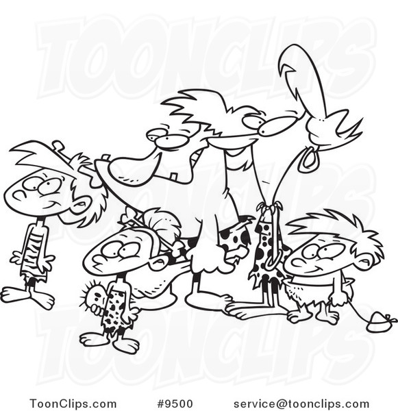 581x600 Cartoon Black And White Line Drawing Of A Caveman Family