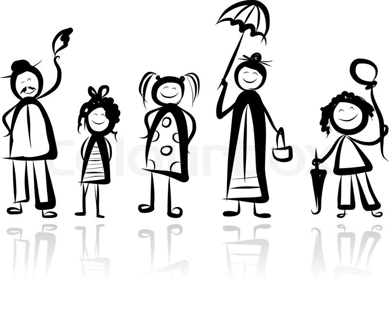 800x646 Happy Big Family Smiling Together, Drawing Sketch Stock Vector