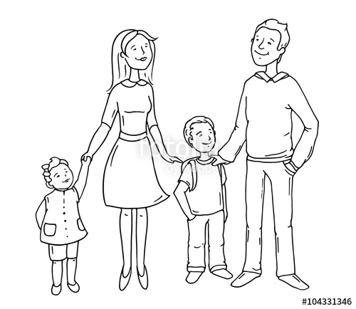 500x434 Sketch Cartoon Happy Family Standing Together. Cute Doodle