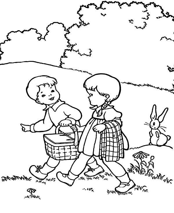 600x734 Two Kids Is Going To Picnic Coloring Page