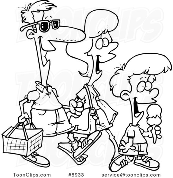 581x600 Cartoon Black And White Line Drawing Of A Family Going On A Picnic