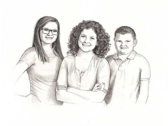 570x429 3 Person Custom Pencil Portrait Drawing From Photo Family