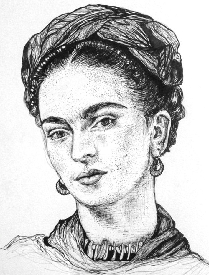 709x930 Print Frida Kahlo Drawing Pen Ink Portrait Feminist Mexico