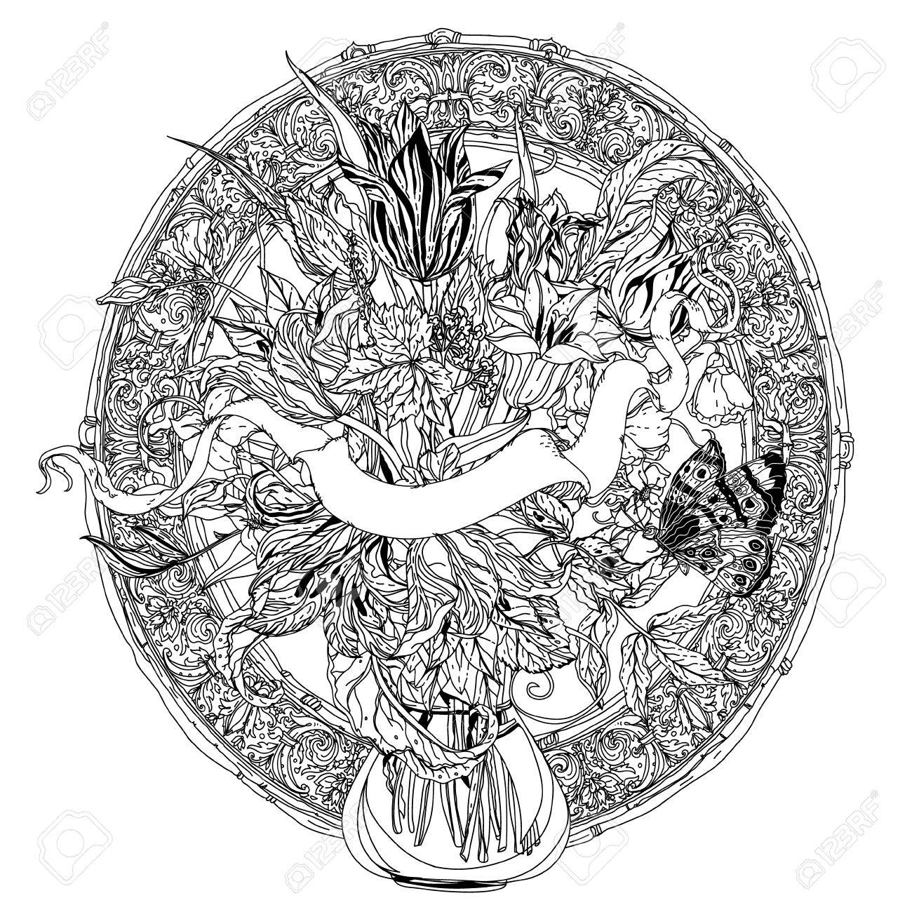 1300x1300 Uncolored Flowers And Ribbon For Text. Adult Coloring Book Famous