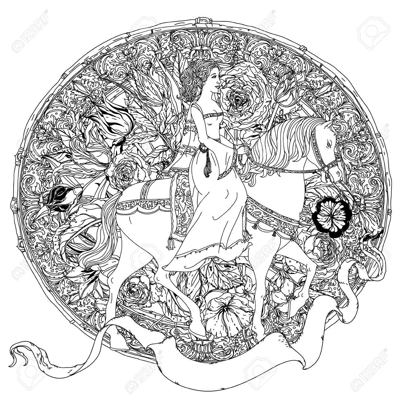 1300x1300 Uncolored Princess, Flowers And Ribbon For Text. Adult Coloring