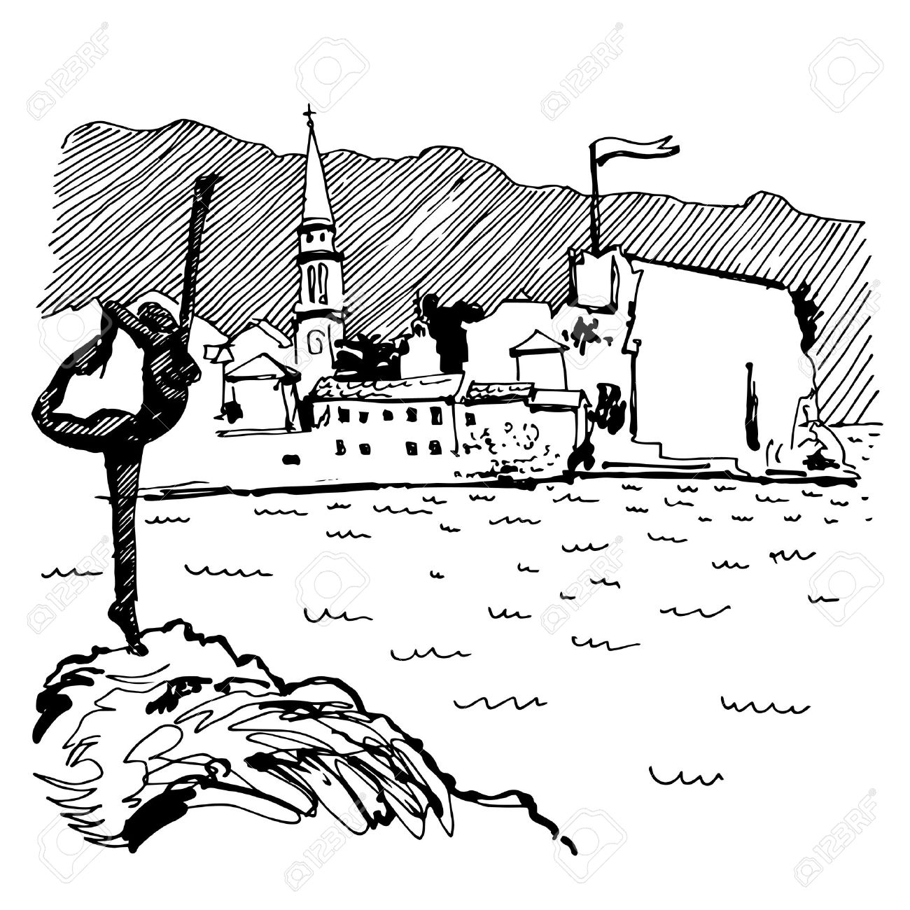 1300x1300 Black And White Sketch Drawing Of Budva Montenegro Top View