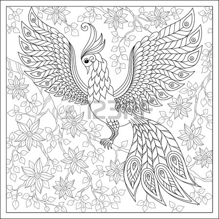 450x450 Exotic Bird,fantastic Flowers,branches, Leaves.hand Drawing