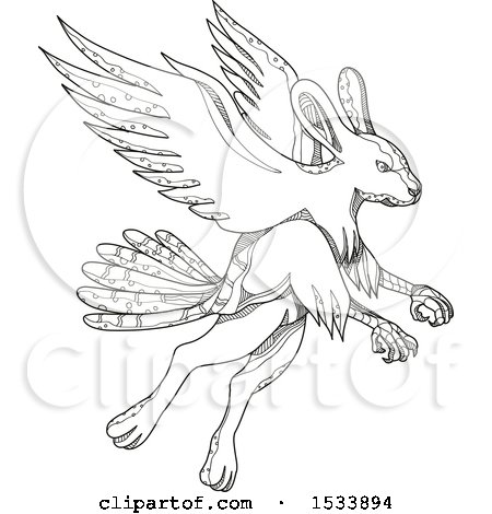 450x470 Clipart Of A Skvader Fantasy Creature Flying, In Black And White