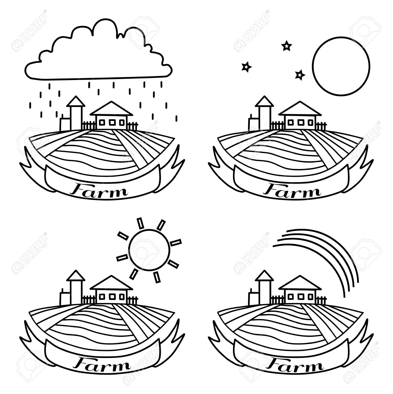 1299x1300 Rural Landscape With Fields And Houses. Day, Night, Rainbow