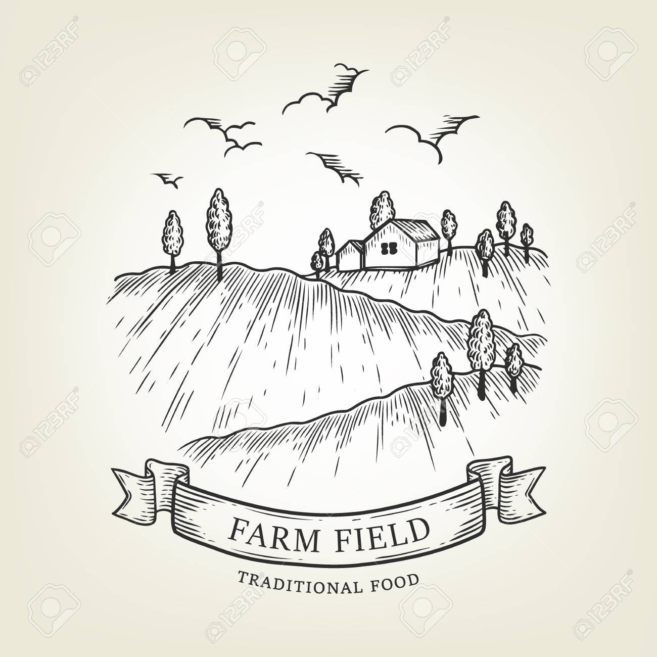 1300x1300 Vector Farm Landscape. Rural View Done In Graphic Style, Isolated
