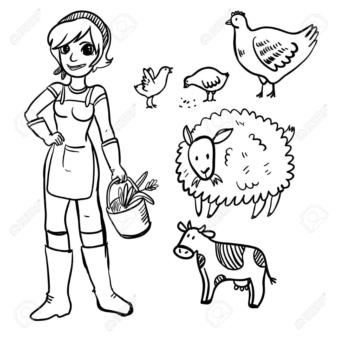 1300x1300 Vector Illustration Farm Set With Farmer Girl, Hen, Chicken