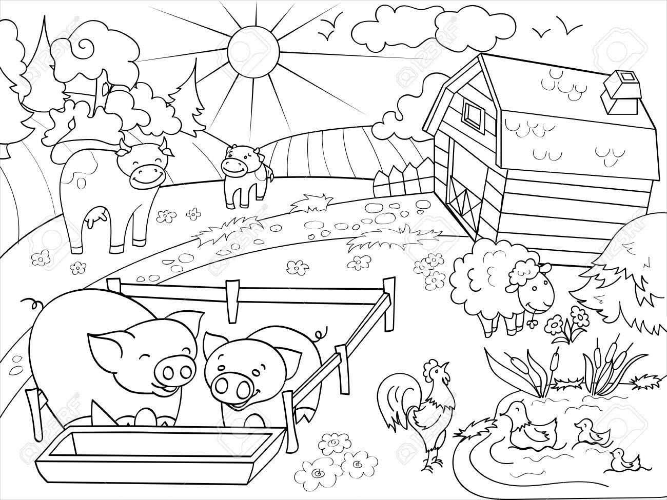 1300x975 Farm Animals And Rural Landscape Coloring Vector For Adults