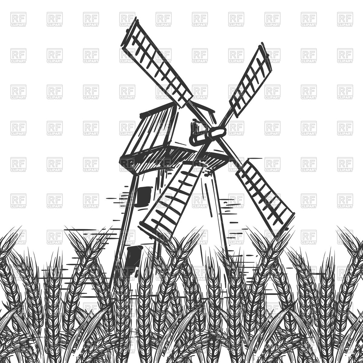 1200x1200 Farm Landscape With Hand Drawn Mill And Wheat Ears Royalty Free