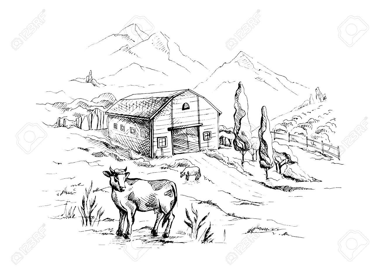 1300x928 Rural Landscape With Cows And Farm With Mountain Scenery