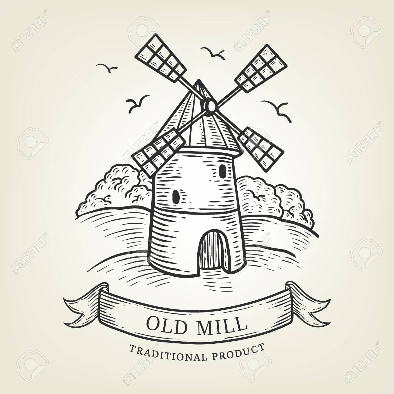 1300x1300 Sketch Of Farm With Windmill. Vector Illustration Done In Graphic