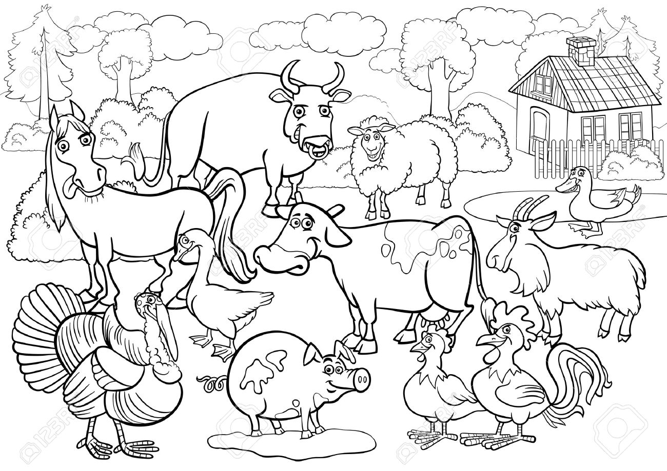 1300x919 Black And White Cartoon Illustration Of Country Scene With Farm