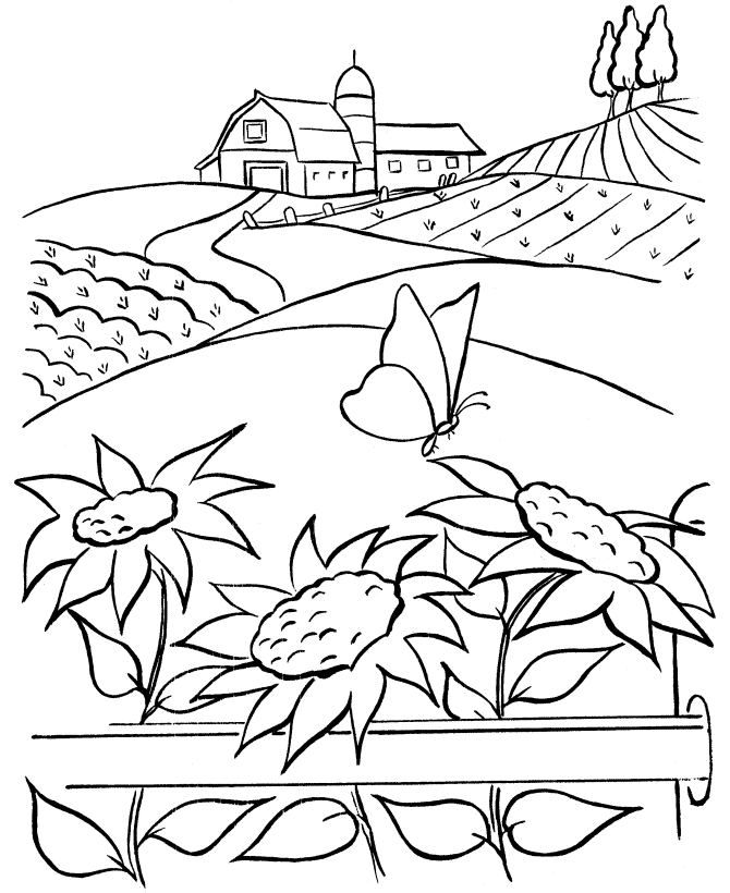 670x820 Farm Scenes Coloring Page Farm Barn, Sunflowers And A Butterfly