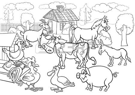 450x318 Black And White Cartoon Illustration Of Rural Scene With Farm
