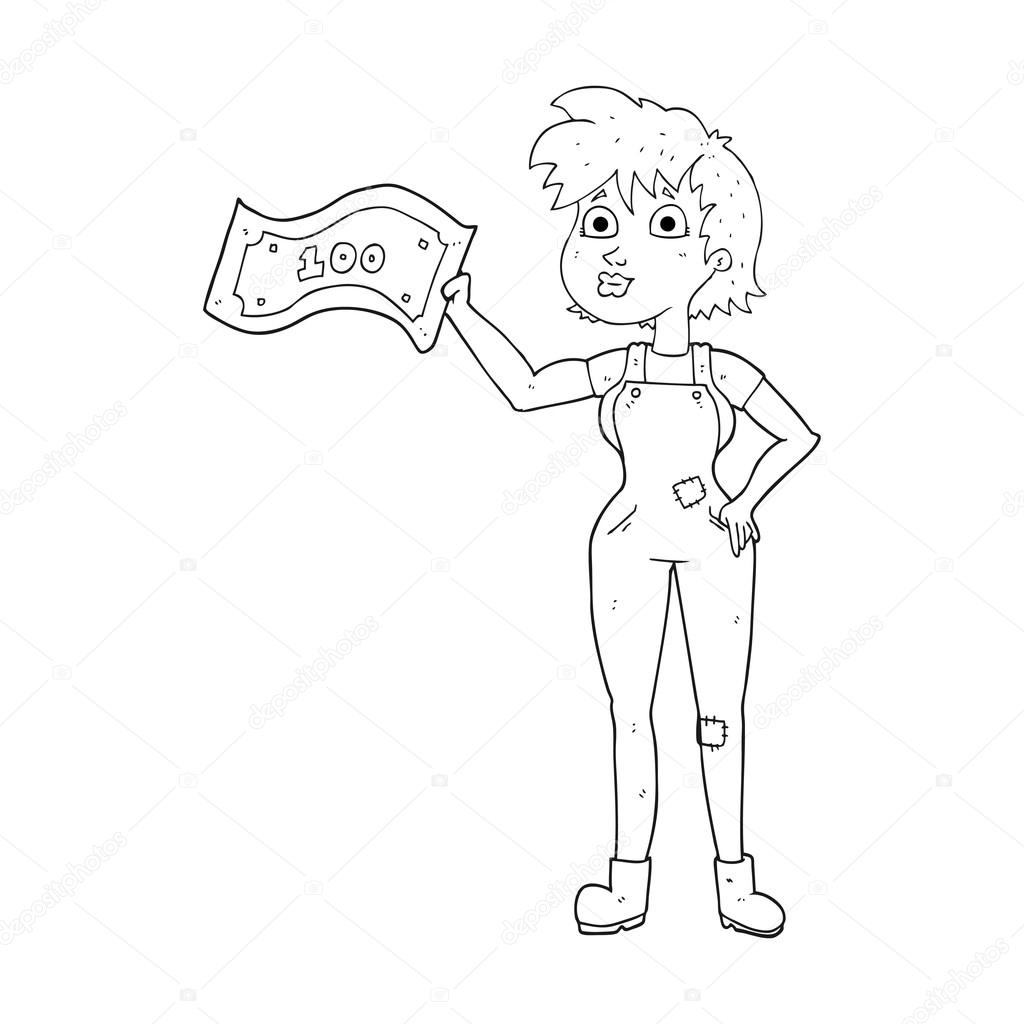 1024x1024 Black And White Cartoon Confident Farmer Woman With Money Stock