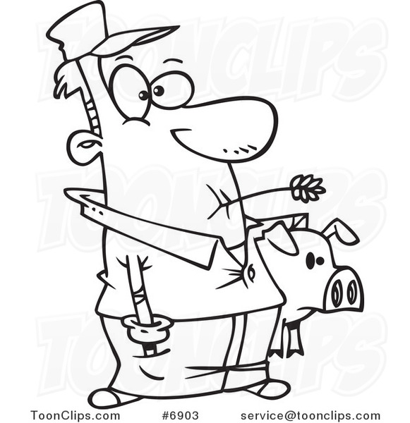 581x600 Cartoon Black And White Line Drawing Of A Farmer Holding His Pig
