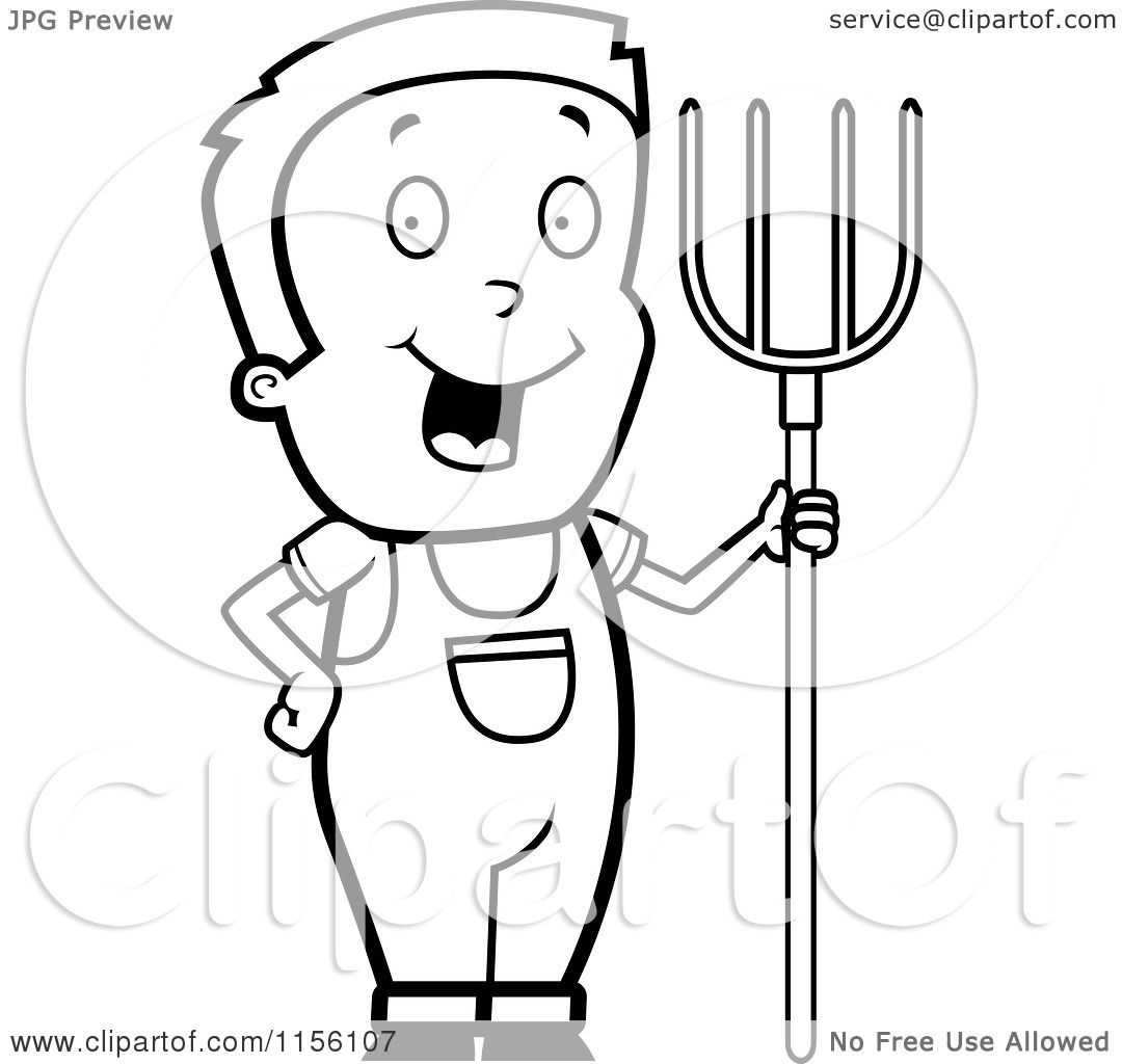 1080x1024 Cartoon Clipart Of A Black And White Farmer Boy With A Pitchfork