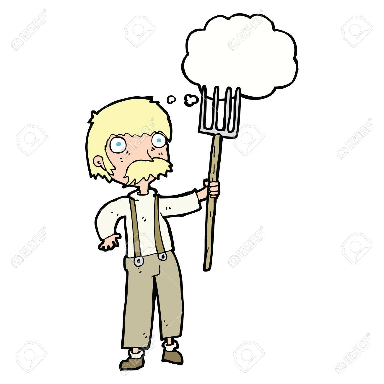1300x1300 Cartoon Farmer With Pitchfork With Thought Bubble Royalty Free