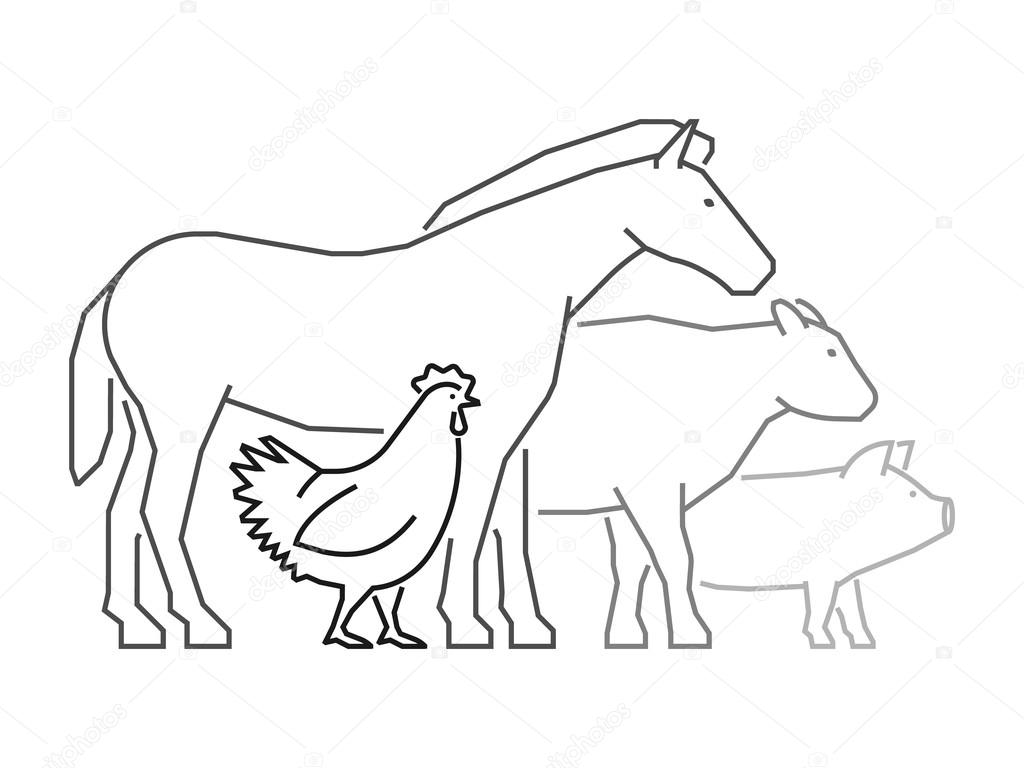 1024x768 Black Outline Logo For Farmers Market. Farm Animals Logo. Stock