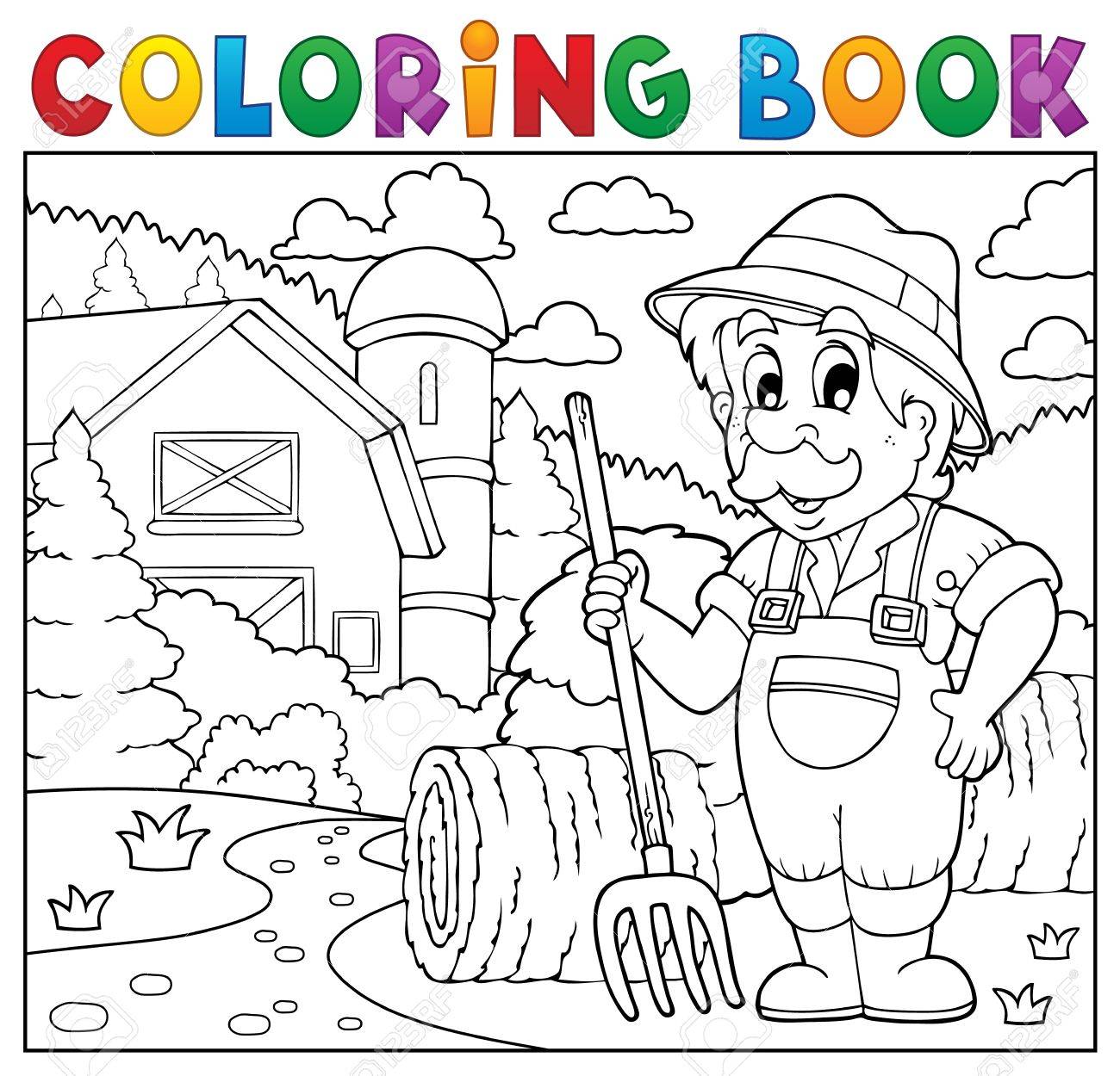 1300x1250 Coloring Book Farmer Near Farmhouse. Royalty Free Cliparts