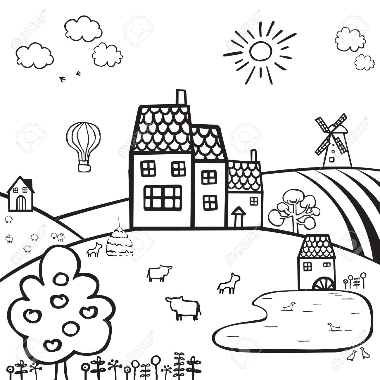 1300x1300 Black And White Drawing Of A Farm On The Hills Royalty Free
