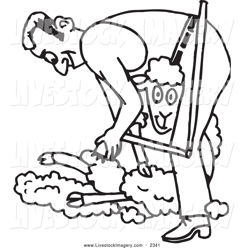 1024x1044 Clip Art Of A Black And White Outlined Farmer Shearing A Sheep By
