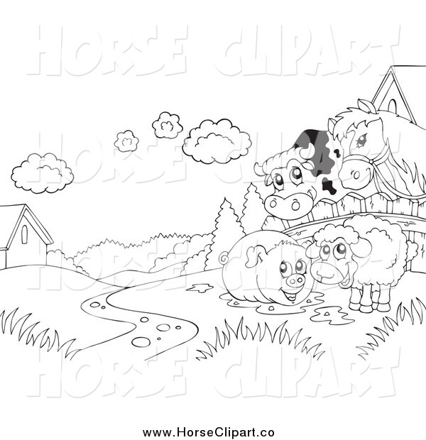 600x620 Clip Art Of A Black And White Cow, Horse, Pig And Sheep