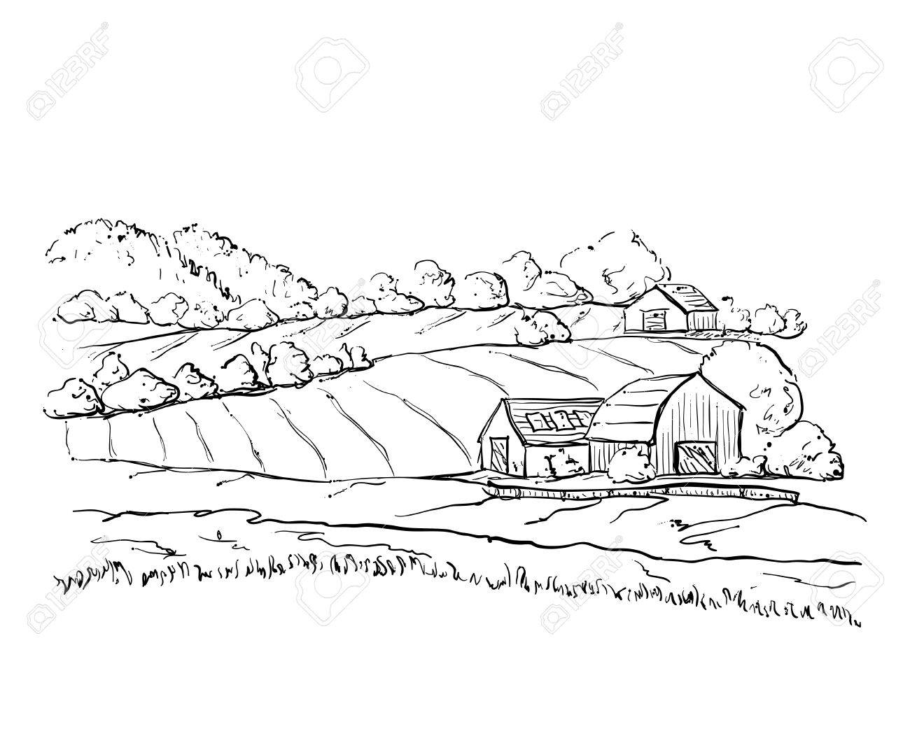 1300x1052 Hand Drawn Village Houses Sketch And Field Royalty Free Cliparts
