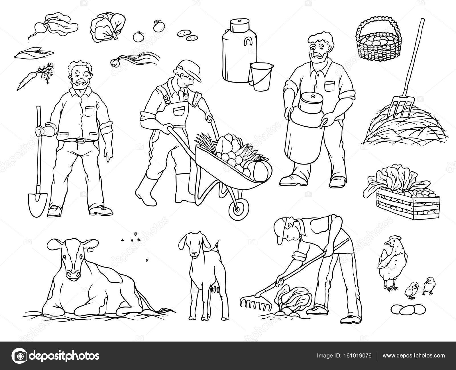 1600x1300 Vector Sketch Set Black And White Isolated Illustration Of Farmers