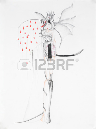 337x450 Fashion Design Sketch With Japanese Model Stock Photo, Picture