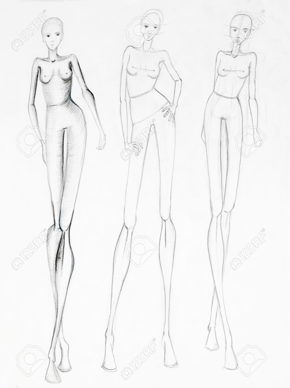 974x1300 Fashion Sketch Of Beautiful Slim Nude Women Silhouettes. Pencil