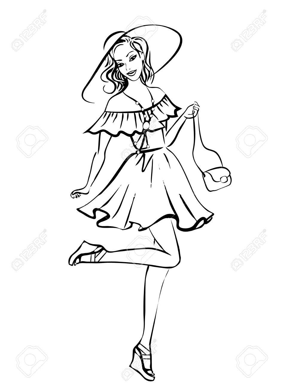 963x1300 Fashion Illustration Of Woman In Boho Style Dress And Hat. Ink