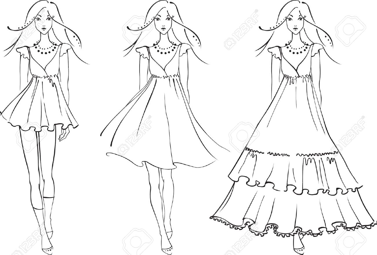 1300x880 Sketch Of Fashion Women In Dresses Royalty Free Cliparts, Vectors