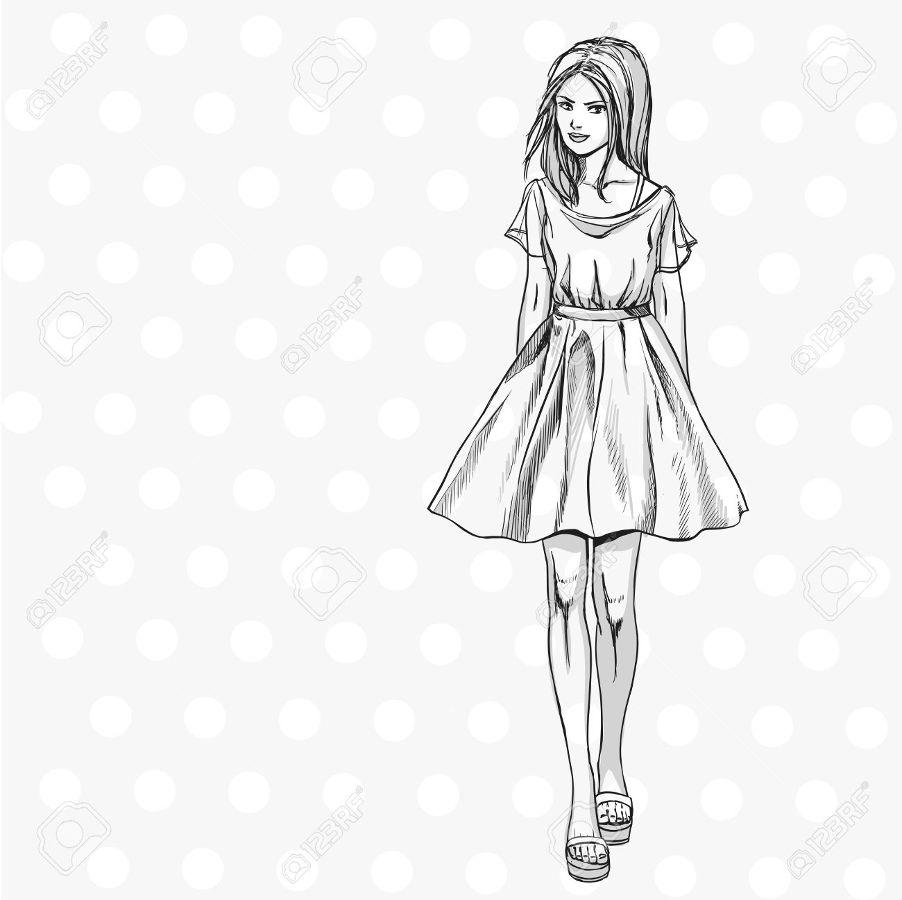 1300x1297 Young Fashionable Slender Girl In Summer Dress. Comics Sketch