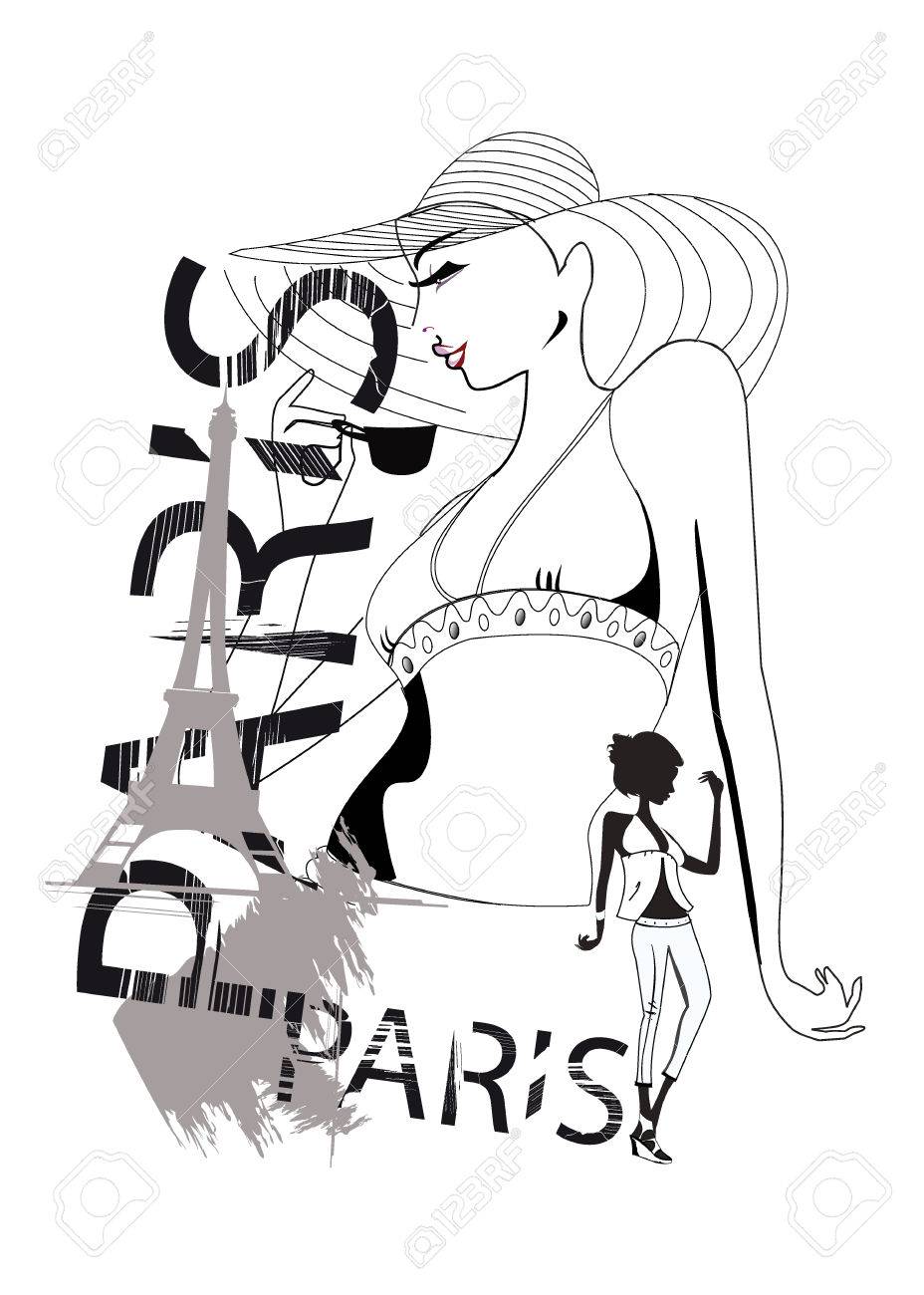 928x1300 Banner With Paris Lettering And Fashion Girl With A Cup Of Coffee